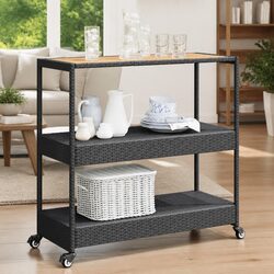 3-Tier Bar Cart with Wooden Top and Rattan Design