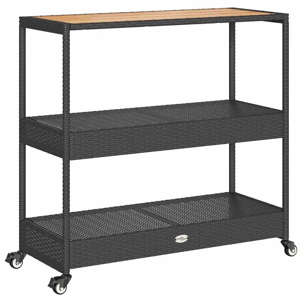 3-Tier Bar Cart Black Poly Rattan Acacia Wooden Top Storage Drinks Serving