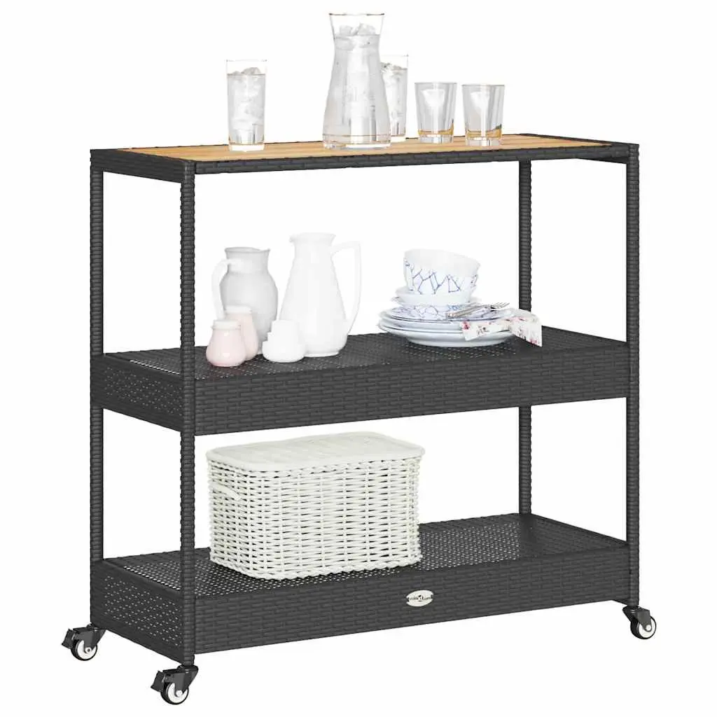 3-Tier Bar Cart Black Poly Rattan Acacia Wooden Top Storage Drinks Serving