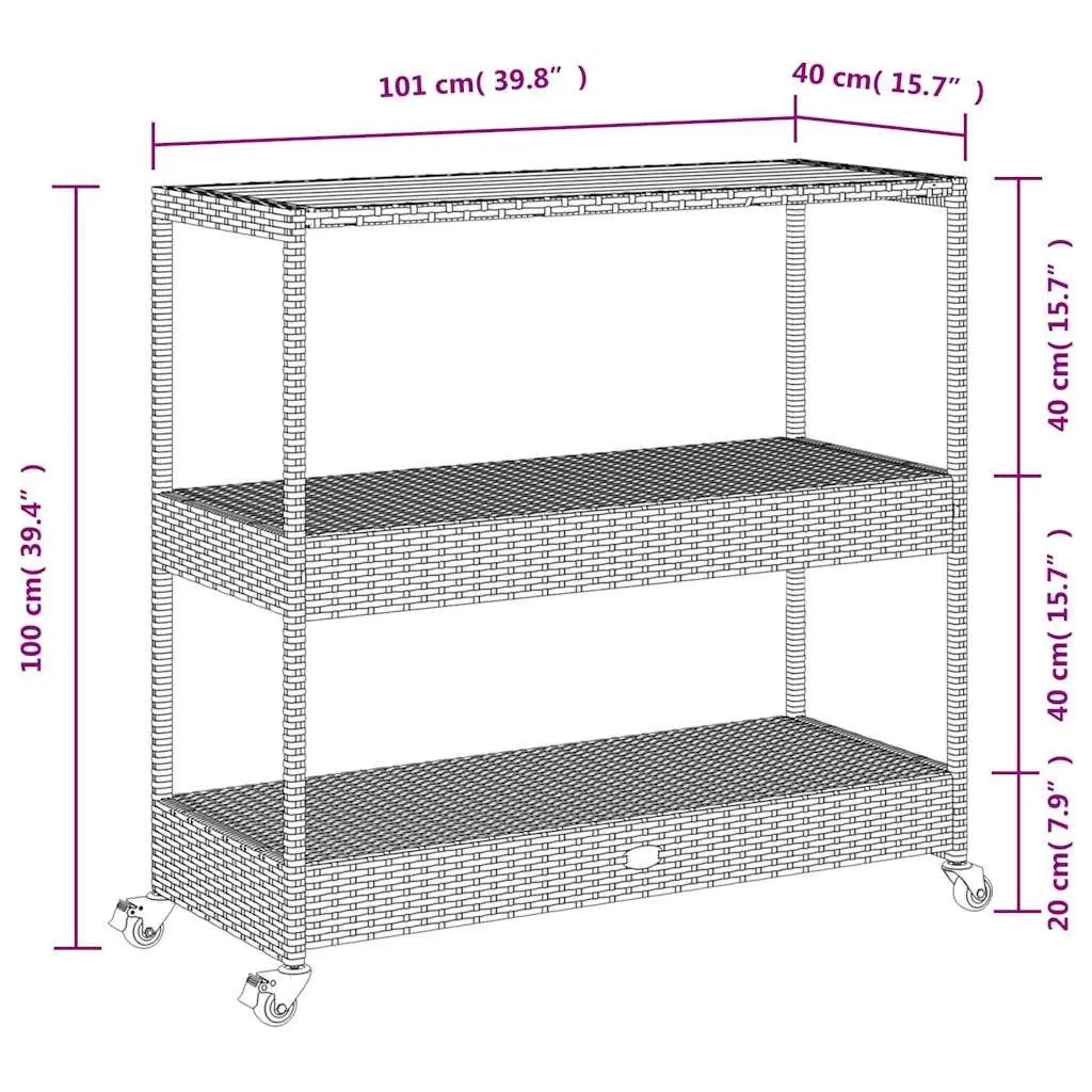 3-Tier Bar Cart Black Poly Rattan Acacia Wooden Top Storage Drinks Serving