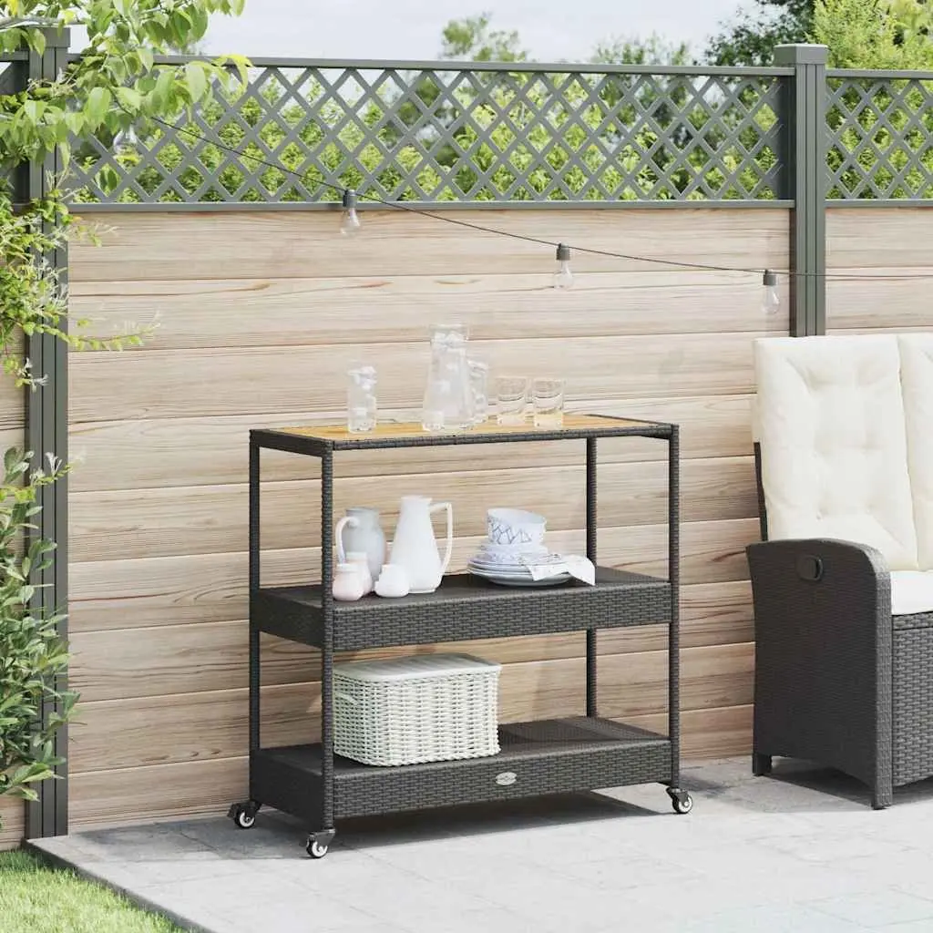 3-Tier Bar Cart Black Poly Rattan Acacia Wooden Top Storage Drinks Serving