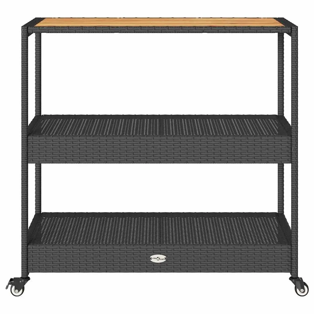 3-Tier Bar Cart Black Poly Rattan Acacia Wooden Top Storage Drinks Serving