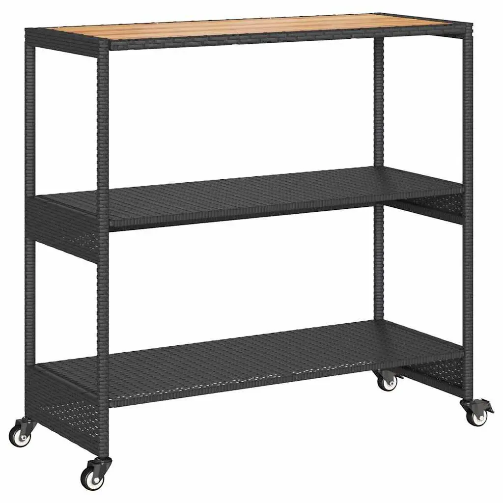 3-Tier Bar Cart Black Poly Rattan Acacia Wooden Top Storage Drinks Serving