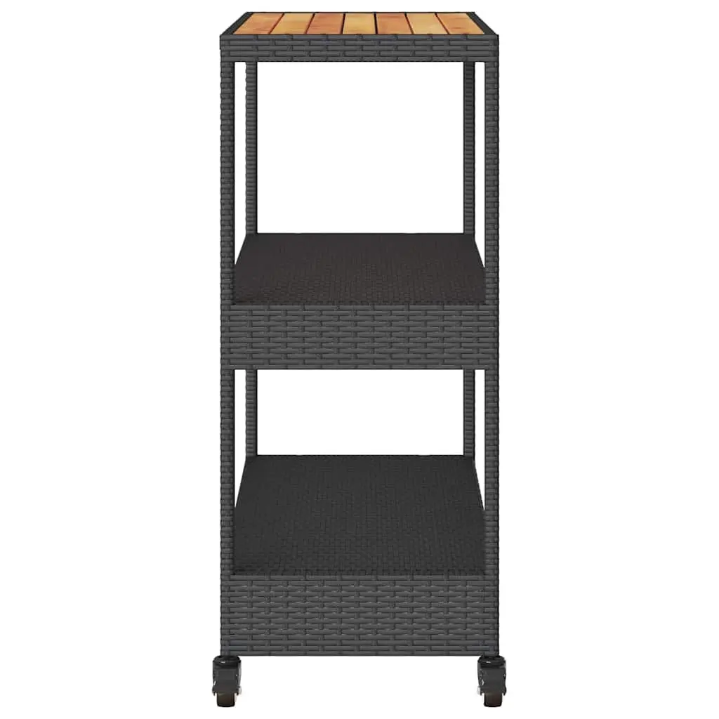 3-Tier Bar Cart Black Poly Rattan Acacia Wooden Top Storage Drinks Serving