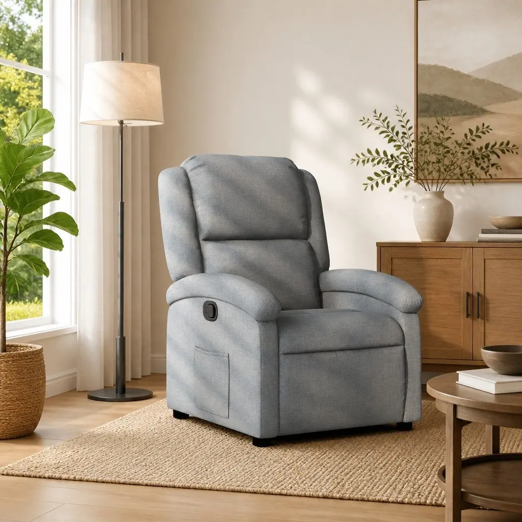Recliner Chair Manual Reclining Grey Fabric Lounge Seat Adjustable 135 Degrees