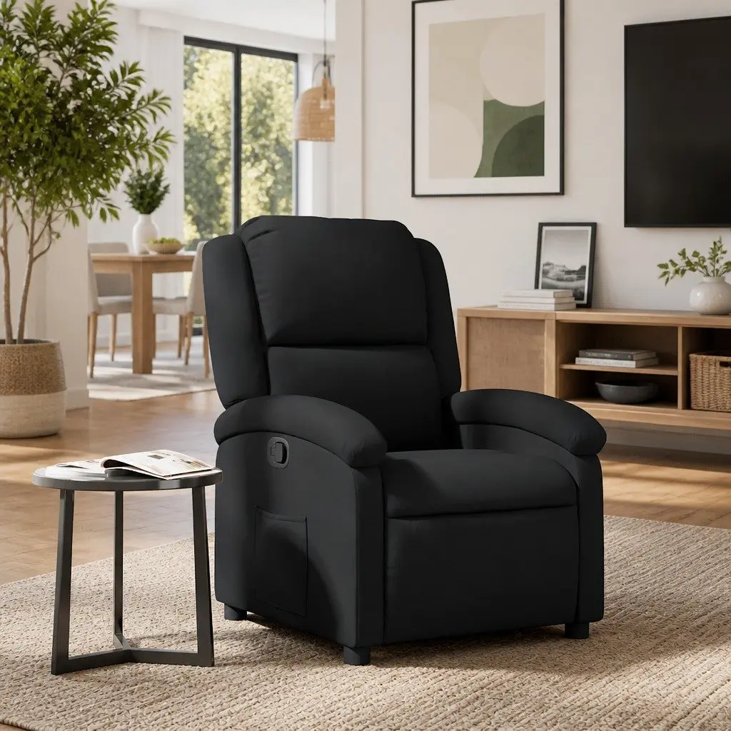 Recliner Armchair Black Manual Reclining Function Padded Seat Wide Arms Leather