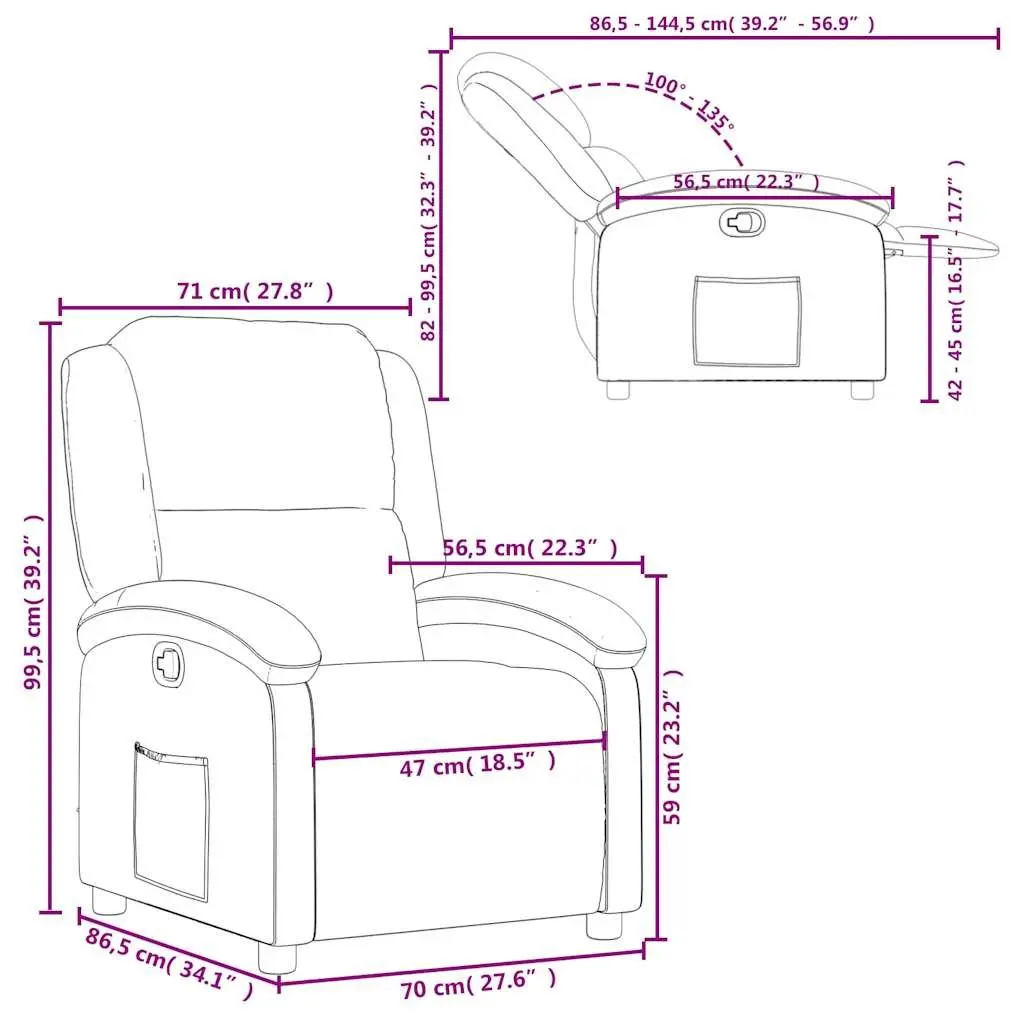 Recliner Armchair Black Manual Reclining Function Padded Seat Wide Arms Leather