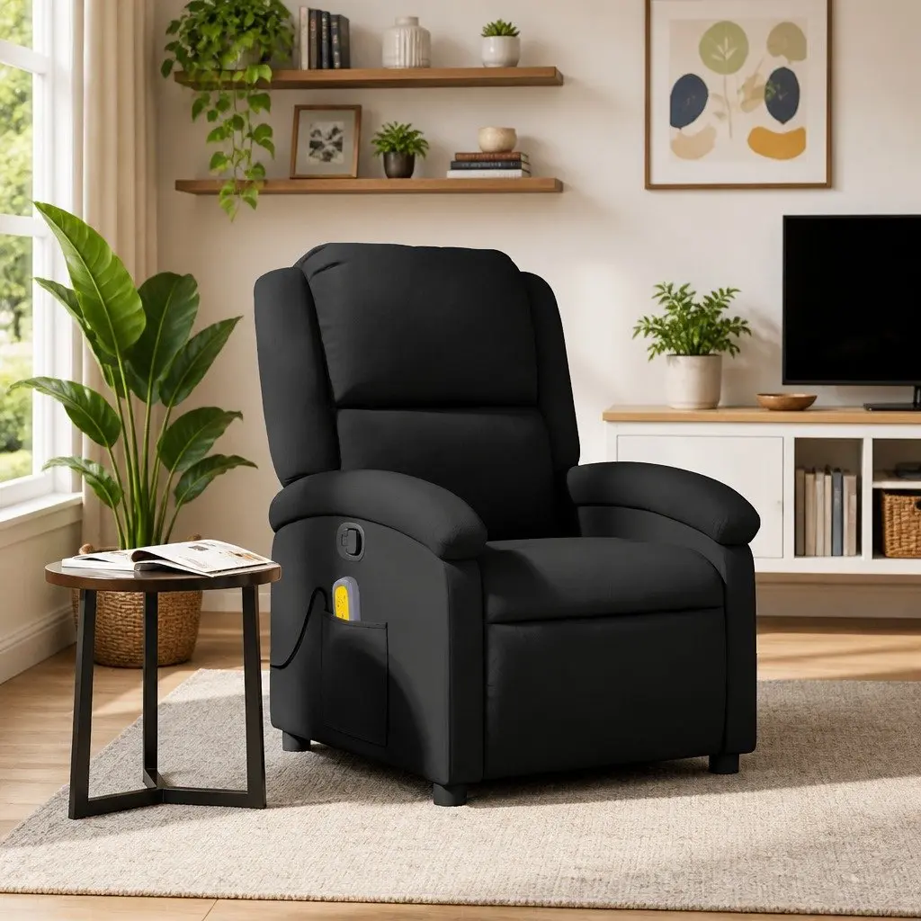 Massage Recliner Chair Black Manual Recline 135 Degree Real Leather 6 Point Vibration