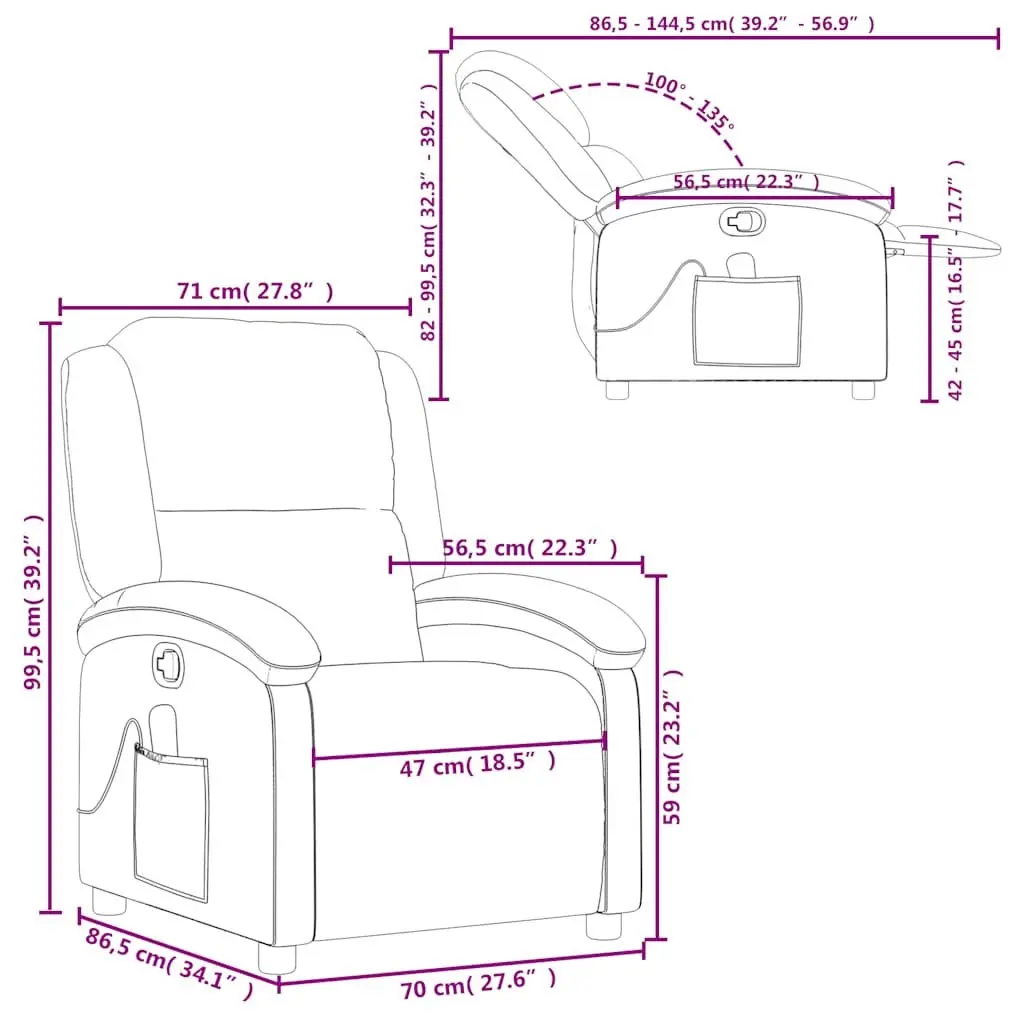 Massage Recliner Chair Black Manual Recline 135 Degree Real Leather 6 Point Vibration