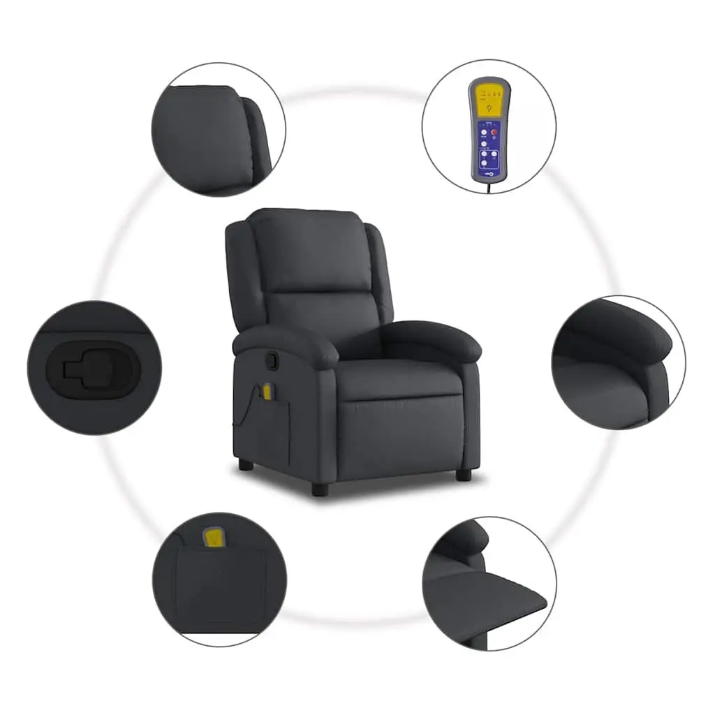 Massage Recliner Chair Black Manual Recline 135 Degree Real Leather 6 Point Vibration