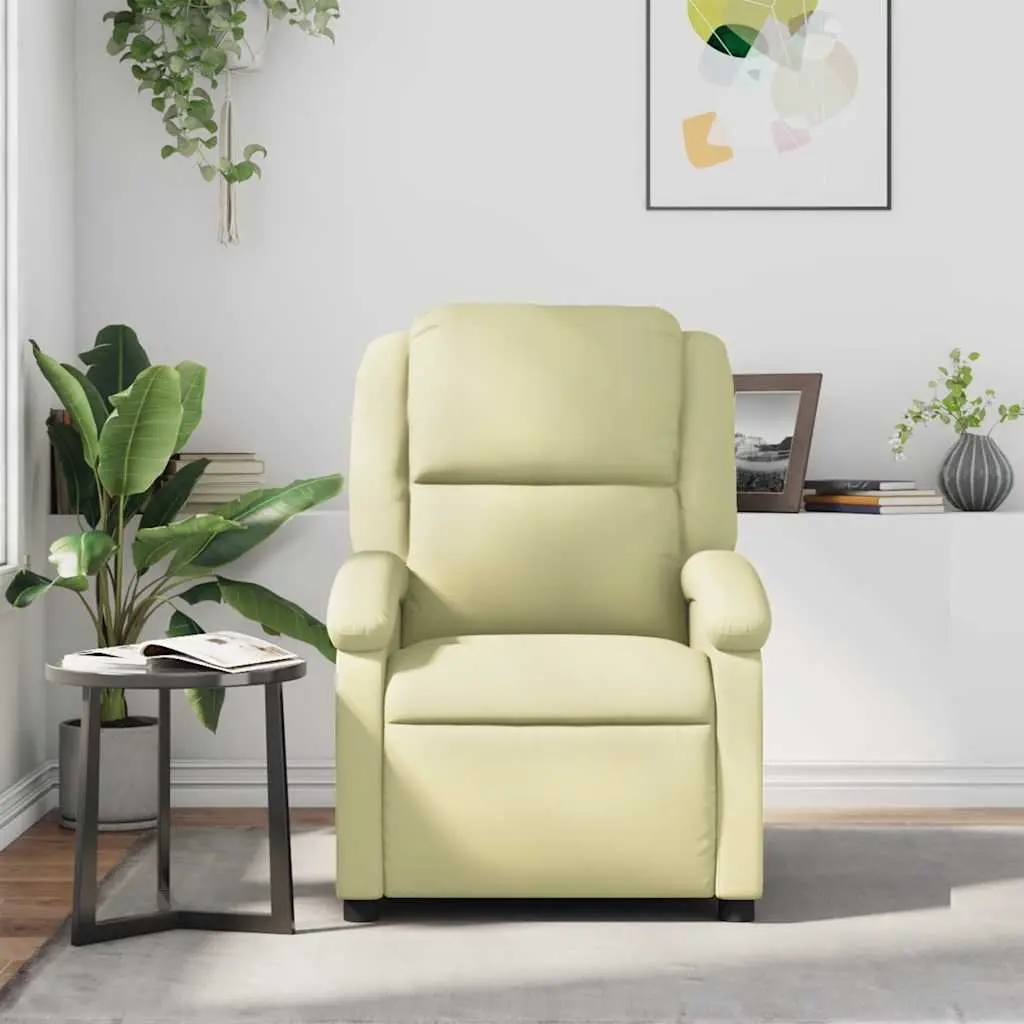 Manual Recline Massage Chair Cream Real Leather 6 Vibration Points Adjustable Footrest Padded Comfort