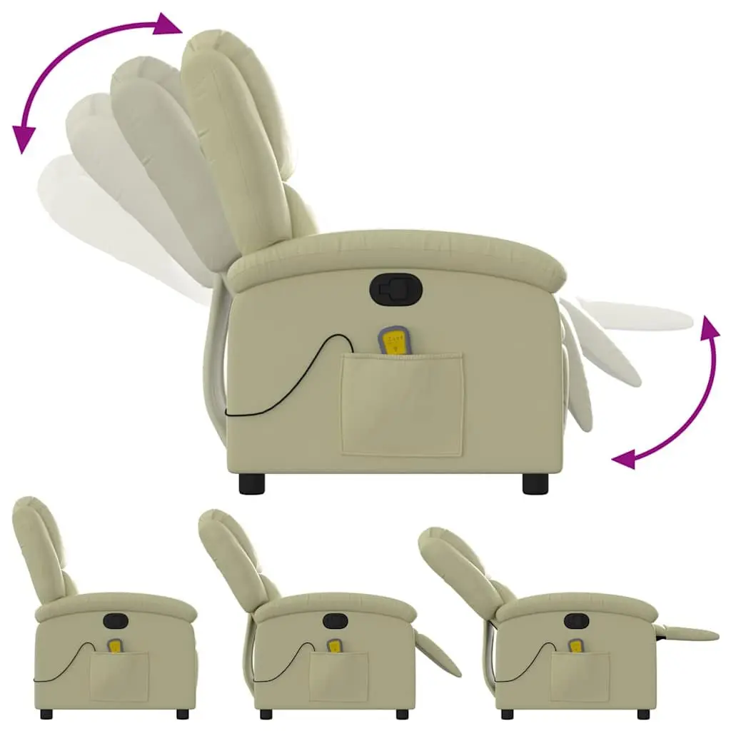Manual Recline Massage Chair Cream Real Leather 6 Vibration Points Adjustable Footrest Padded Comfort