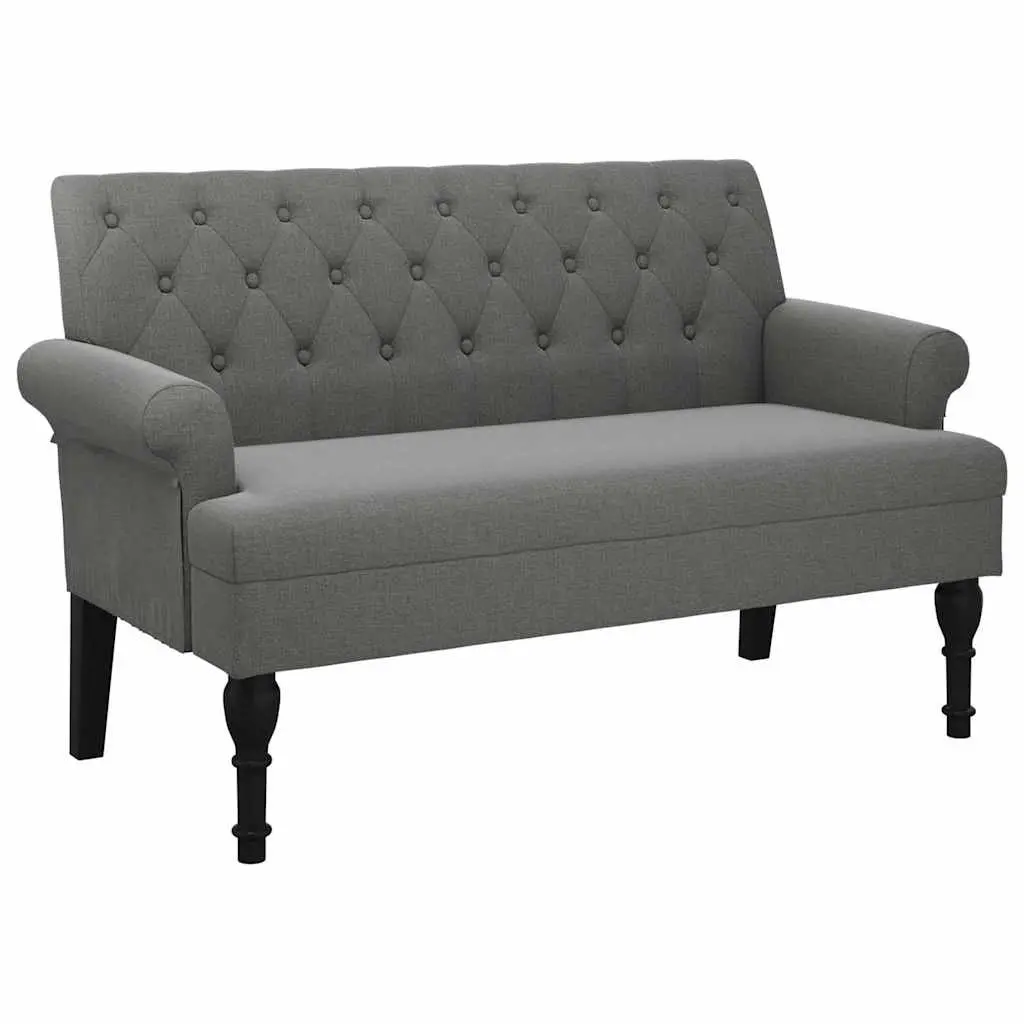 Grey Fabric Padded Seat Bench with Backrest Armrests Button Tufts Wooden Feet 120x62x75.5cm