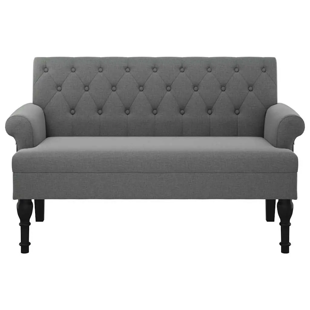 Grey Fabric Padded Seat Bench with Backrest Armrests Button Tufts Wooden Feet 120x62x75.5cm