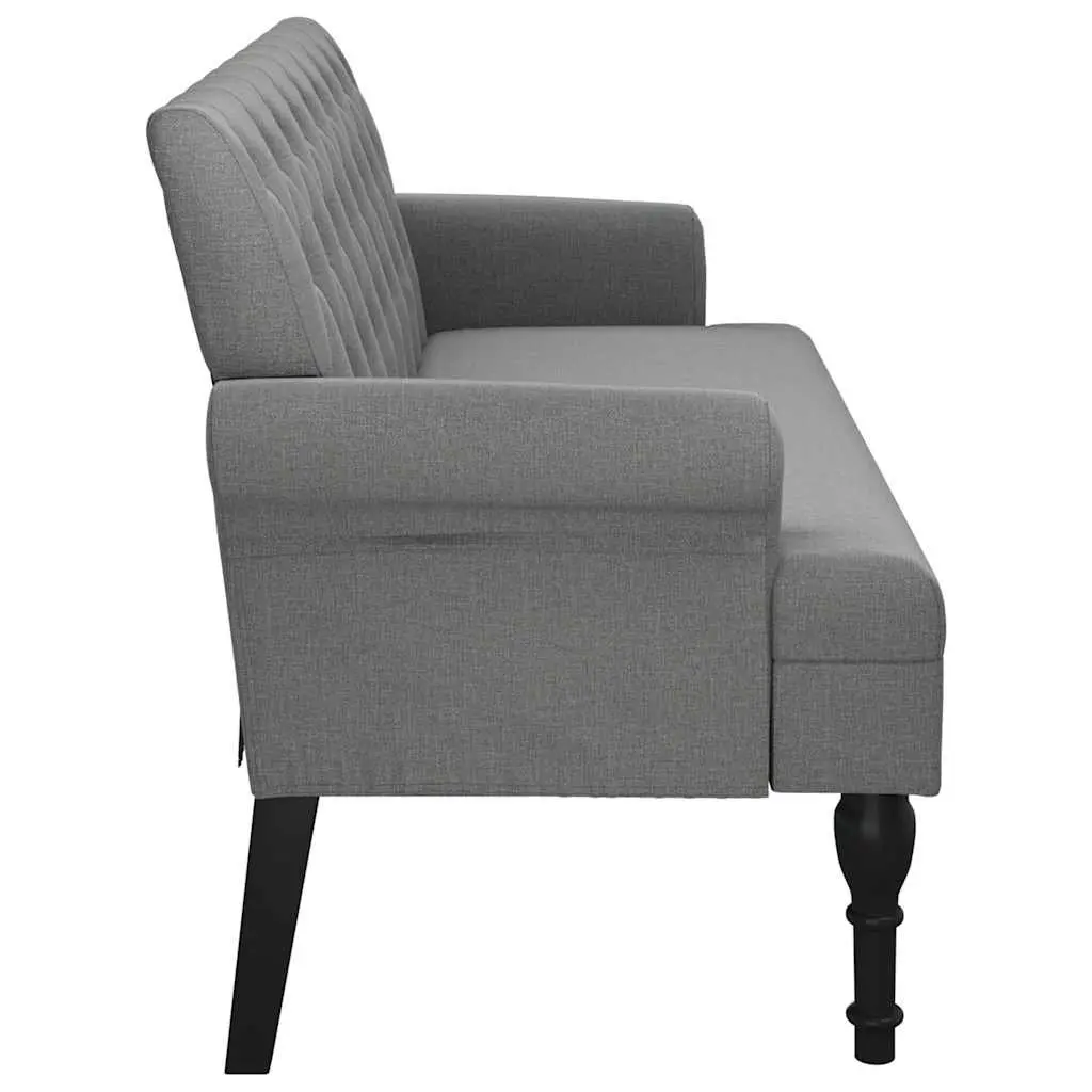 Grey Fabric Padded Seat Bench with Backrest Armrests Button Tufts Wooden Feet 120x62x75.5cm