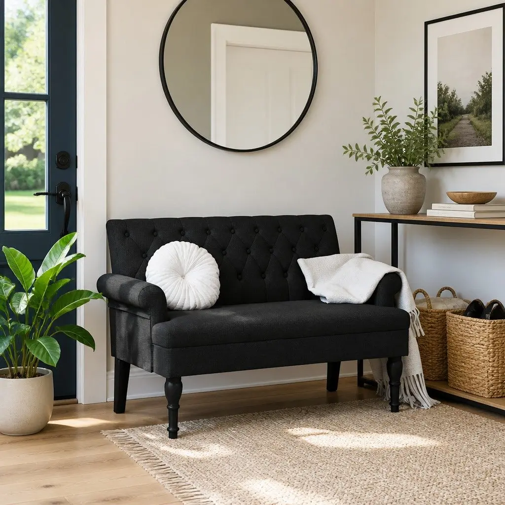 Black Fabric Bench with Backrest