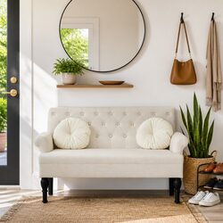Cream Linen Bench with Backrest and Armrests