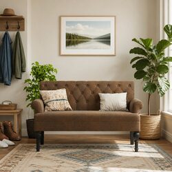Elegant Brown Faux Suede Leather Bench with Backrest