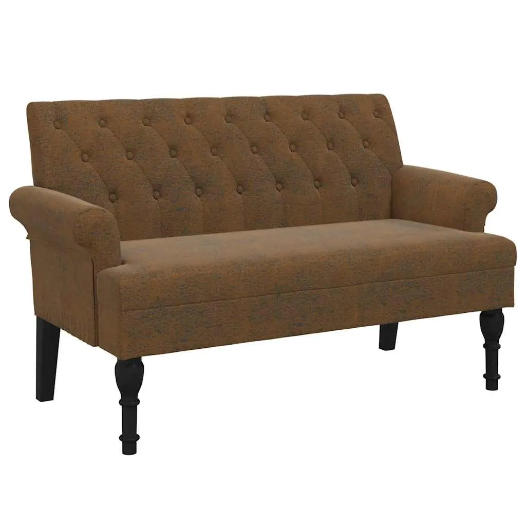 Bench with Backrest Brown Faux Suede Leather Padded Seat Armrests Elegant Design