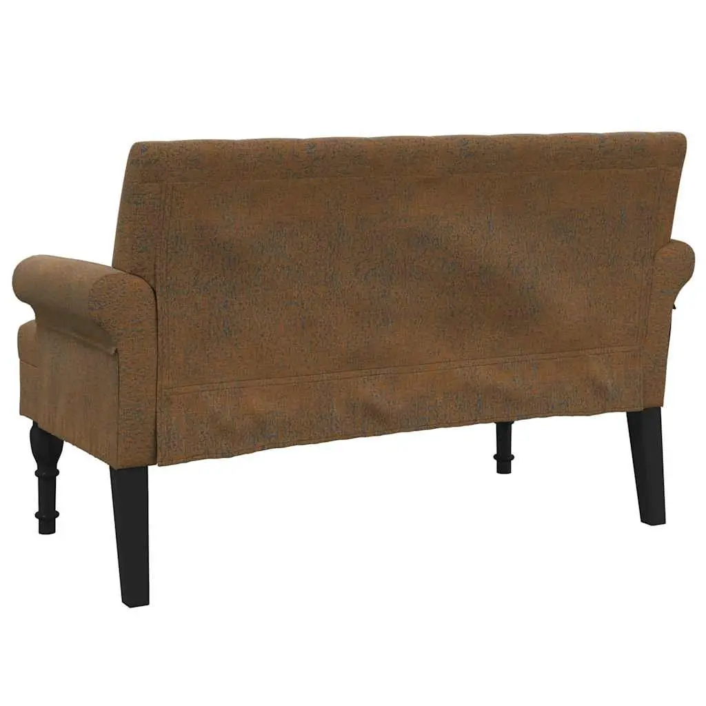 Bench with Backrest Brown Faux Suede Leather Padded Seat Armrests Elegant Design