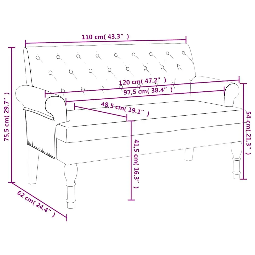 Bench with Backrest Brown Faux Suede Leather Padded Seat Armrests Elegant Design