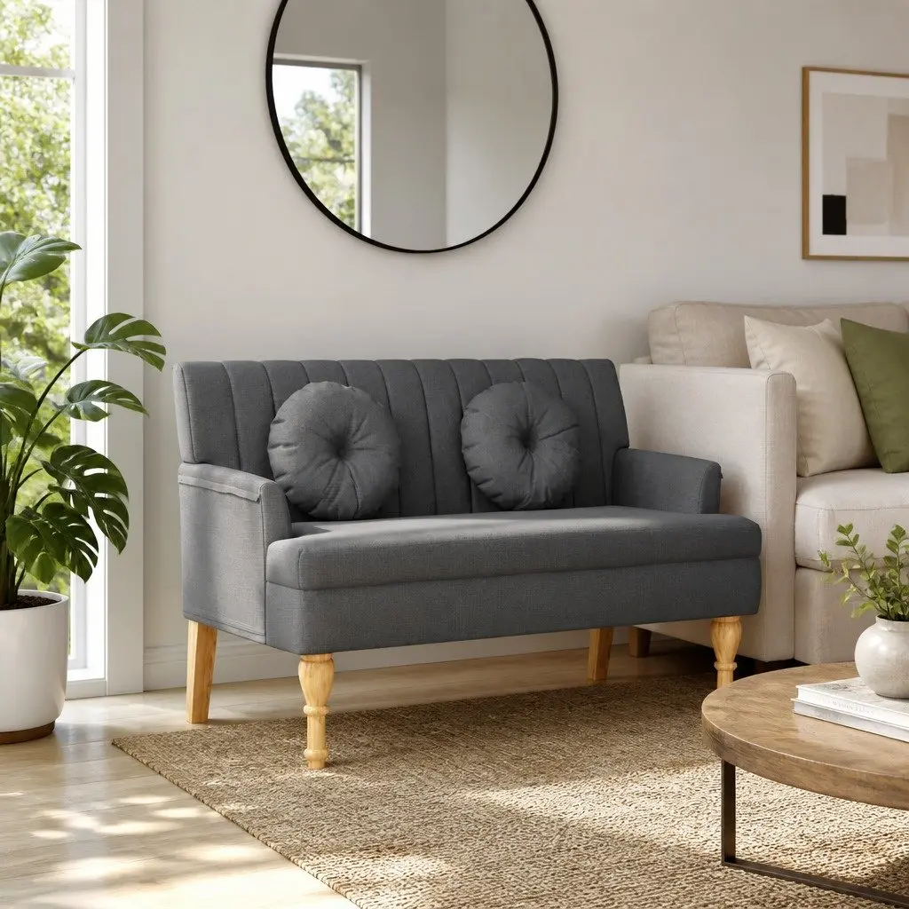 Grey Fabric Padded Bench with Cushions