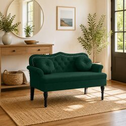 Dark Green Velvet Bench with Cushions and Armrests