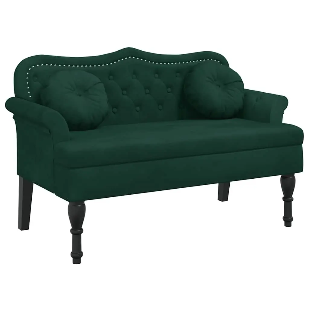 Dark Green Velvet Bench with Cushions and Armrests