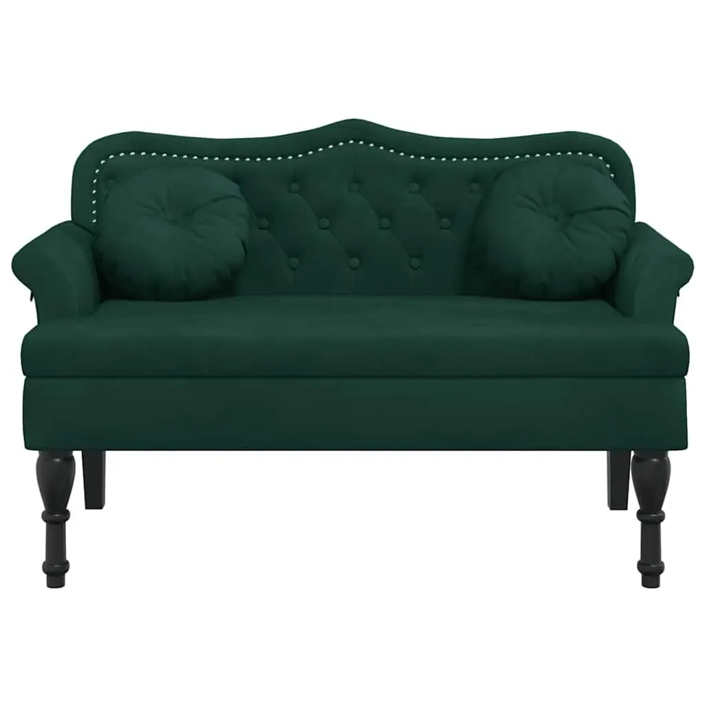 Dark Green Velvet Bench with Cushions and Armrests