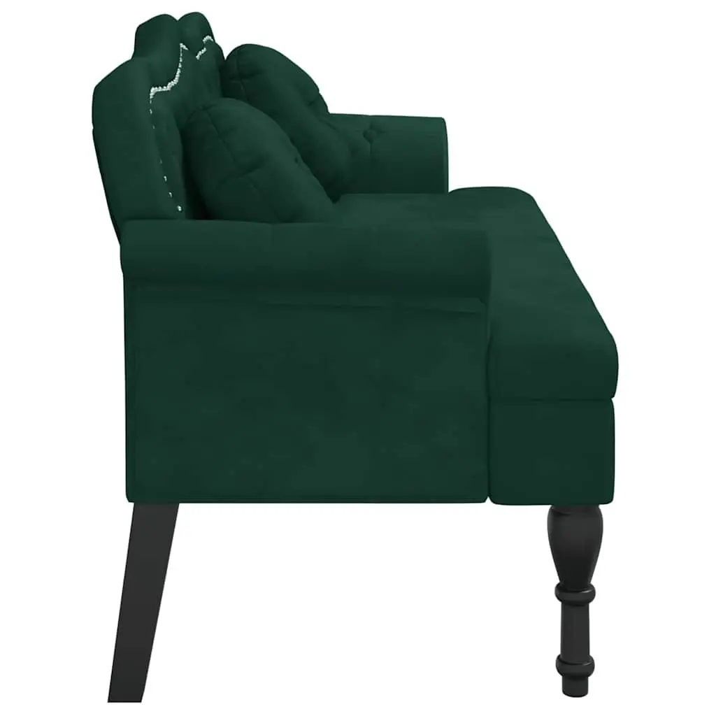 Dark Green Velvet Bench with Cushions and Armrests