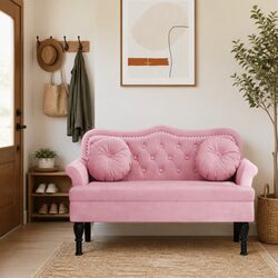 Elegant Pink Velvet Bench with Cushions