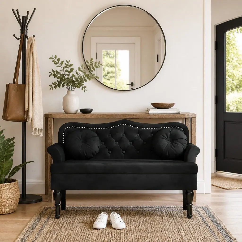 Black Velvet Bench with Cushions