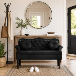 Comfortable Black Velvet Bench with Cushions