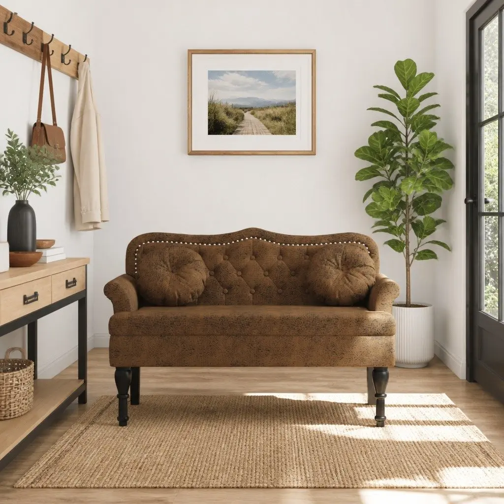 Brown Faux Suede Upholstered Bench with Cushions