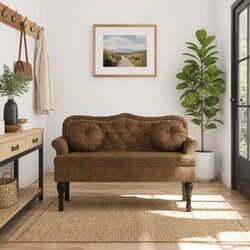 Elegant Brown Faux Suede Upholstered Bench with Cushions