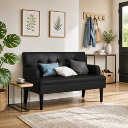 Elegant Black Faux Leather Bench with Backrest