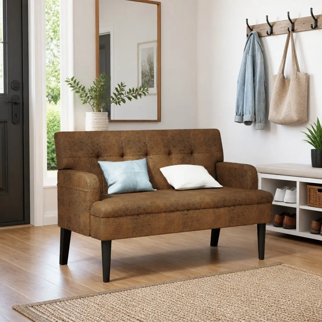 Brown Faux Suede Leather Backrest Bench