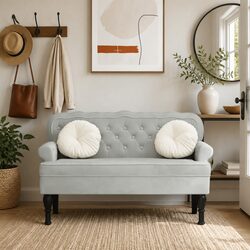 Elegant Grey Velvet Padded Bench with Backrest