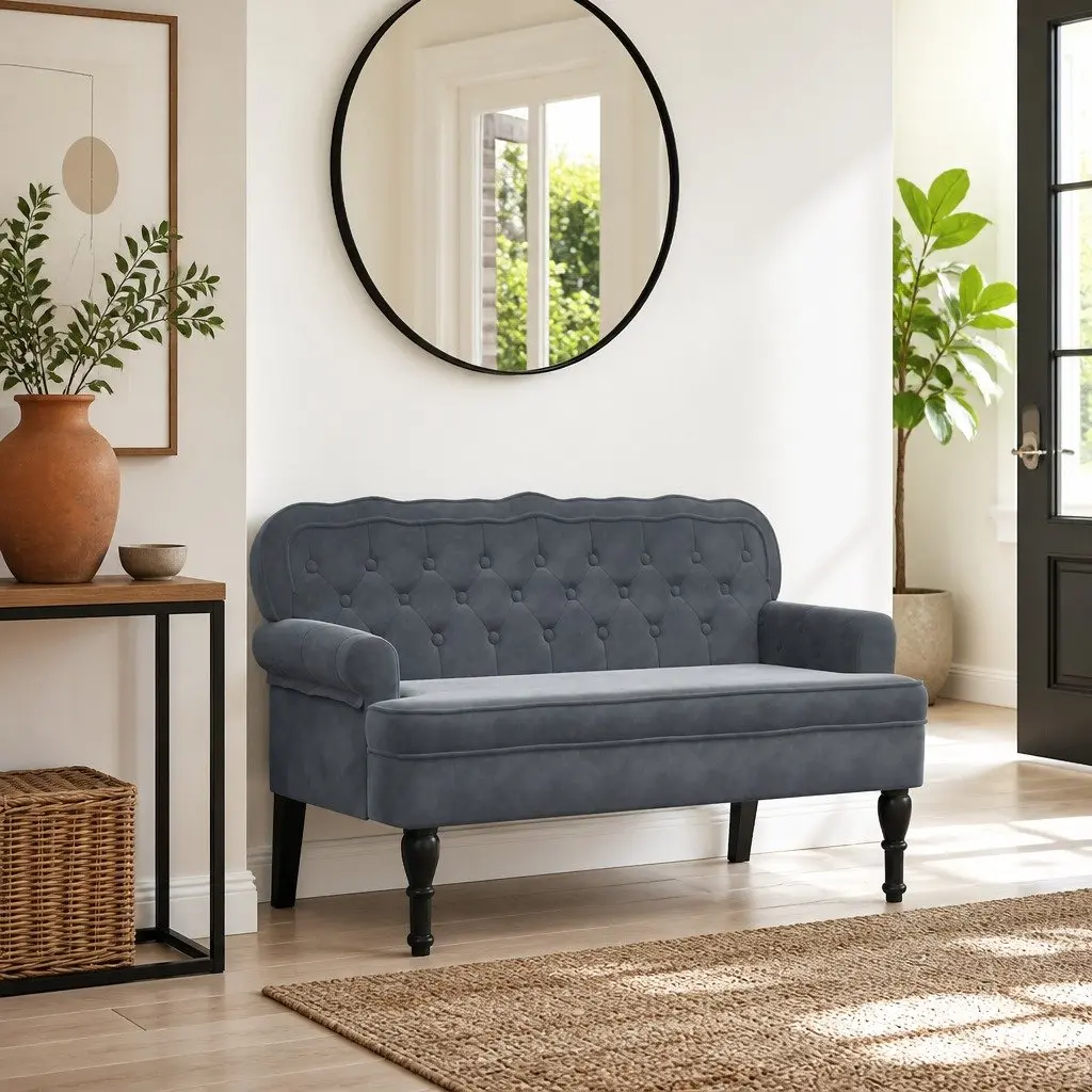 Grey Velvet Bench with Backrest