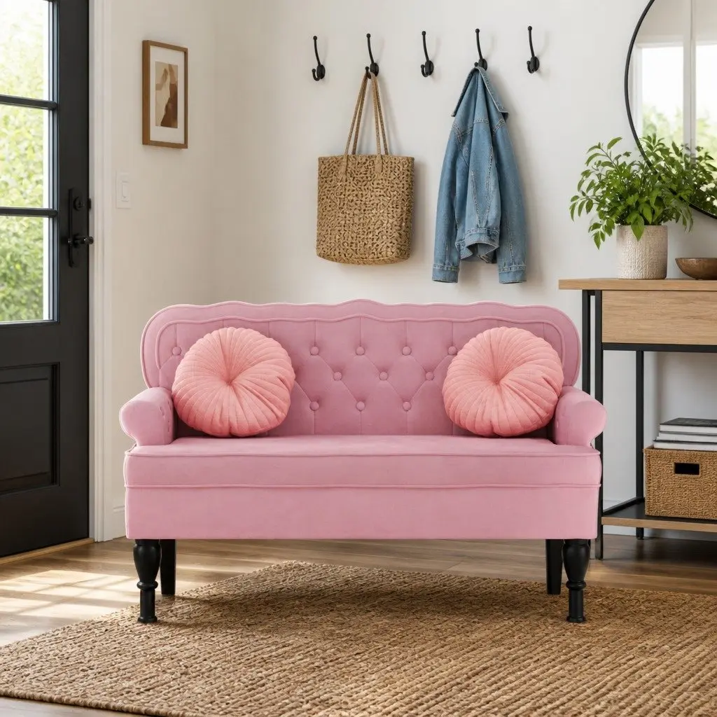 Pink Velvet Backrest Bench for Living Spaces