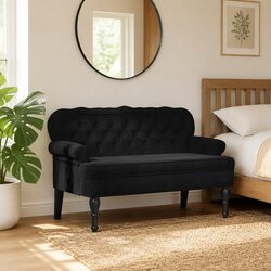 Elegant Black Velvet Bench with Backrest