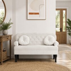 Cream Velvet Bench with Backrest and Armrests
