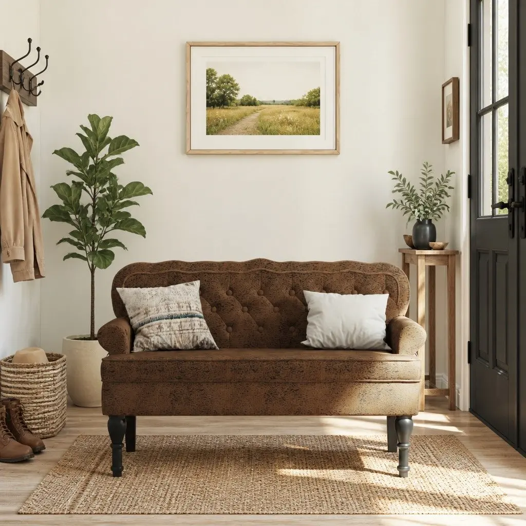 Brown Faux Suede Leather Bench with Backrest