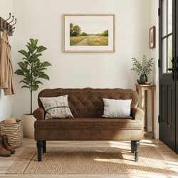 Brown Faux Suede Leather Bench with Backrest