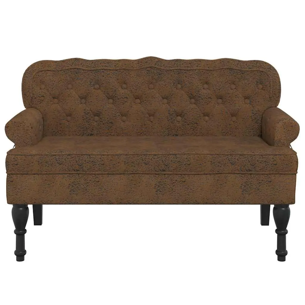 Bench with Backrest Brown Faux Suede Leather Padded Seat Wave Design Home