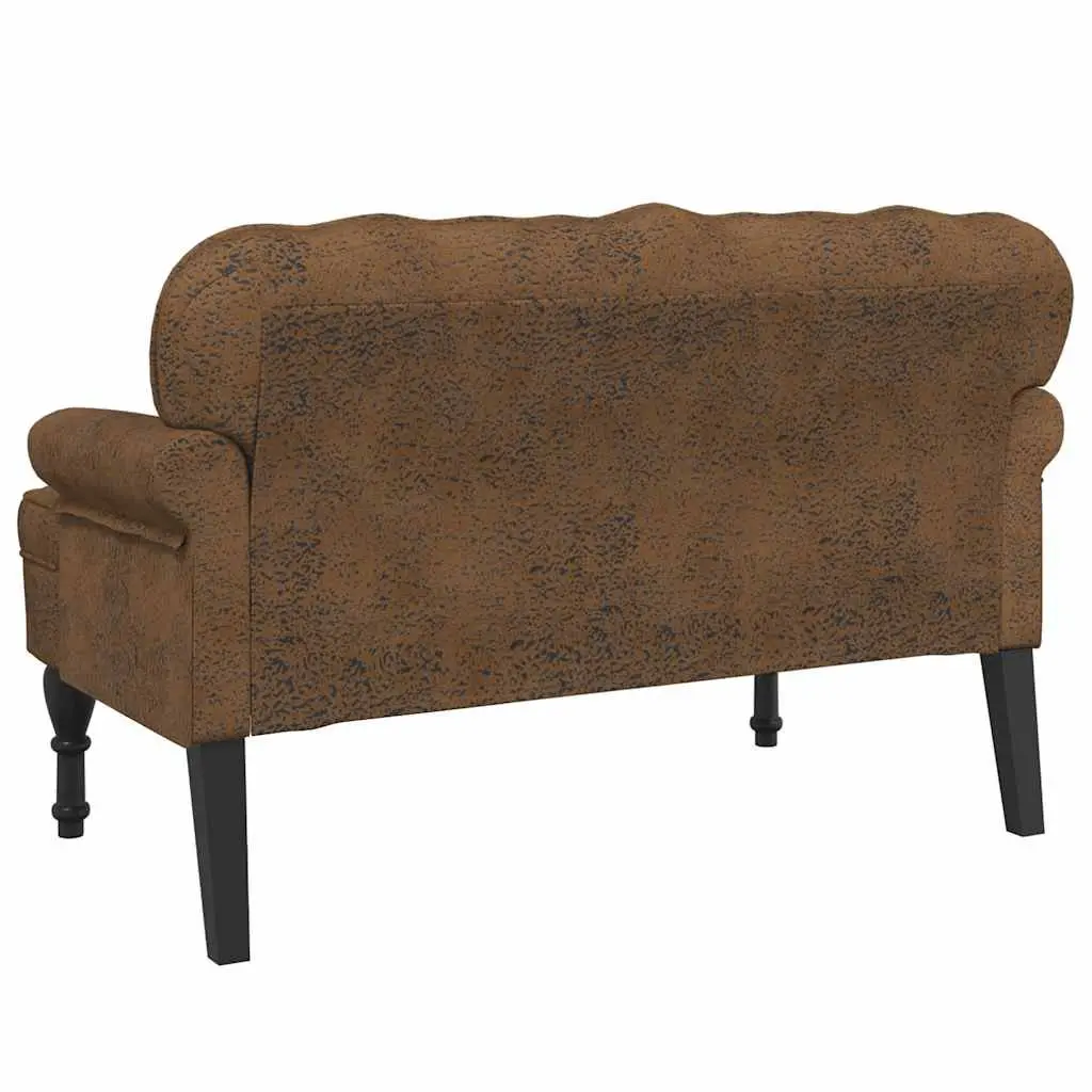 Bench with Backrest Brown Faux Suede Leather Padded Seat Wave Design Home