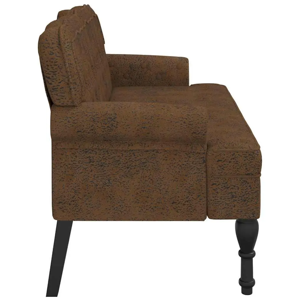 Bench with Backrest Brown Faux Suede Leather Padded Seat Wave Design Home