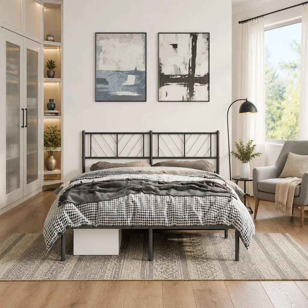 Black Metal Bed Frame with Supportive Headboard 150x200 cm