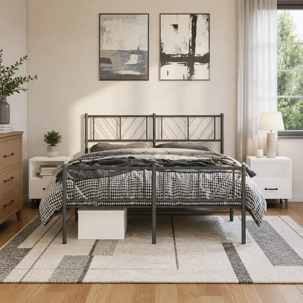 Black Metal Bed Frame with Footboard and Headboard
