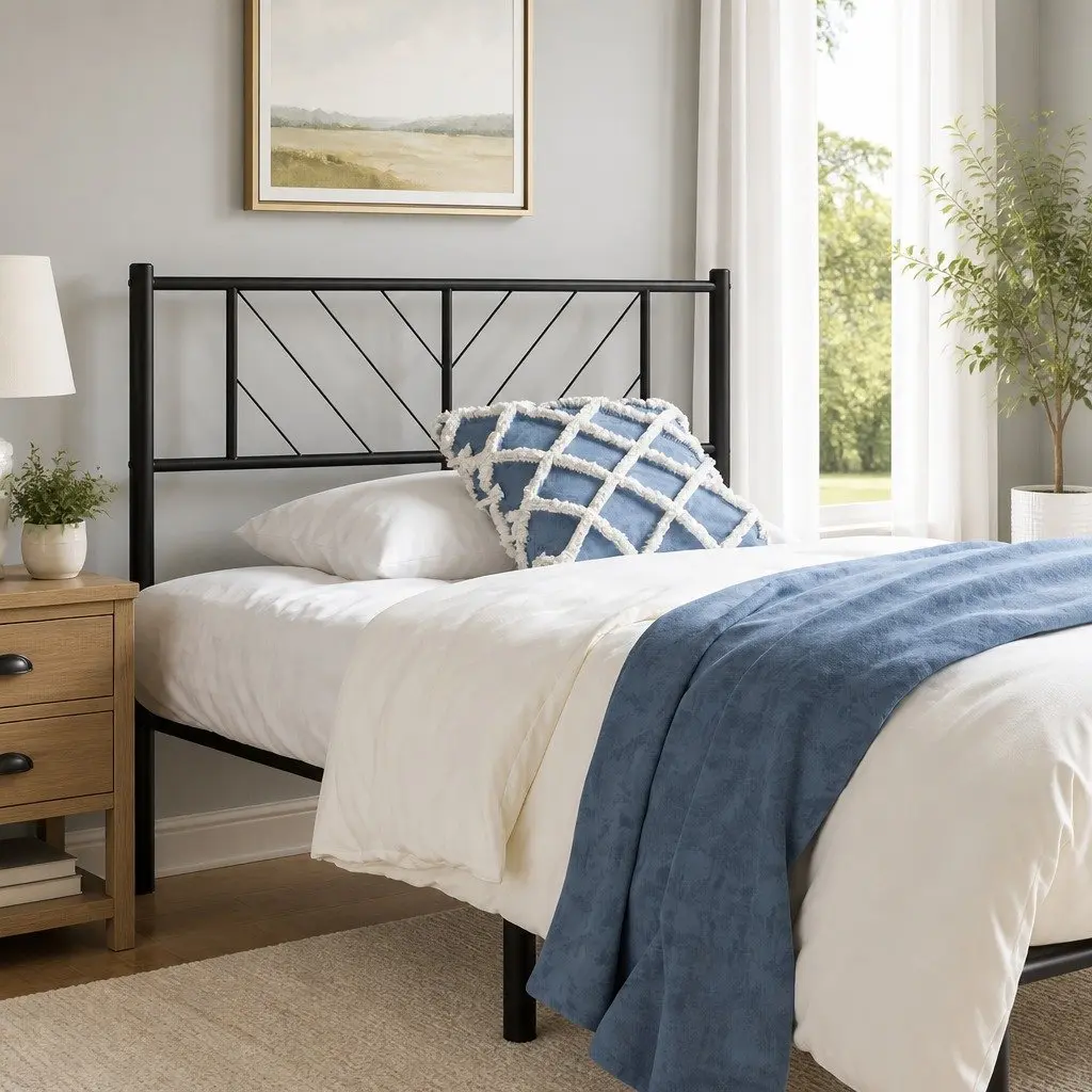 Metal Headboard Black 107cm Powder-coated Steel Bed Frame Header